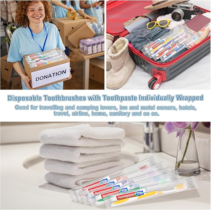 Pack of 50 Disposable Toothbrushes with Toothpaste Individually Wrapped, 10g Travel Toothpaste Single Use Manual Toothbrush Kit for Guests Travel Hotel Nursing (50 pcs,5 Colors)