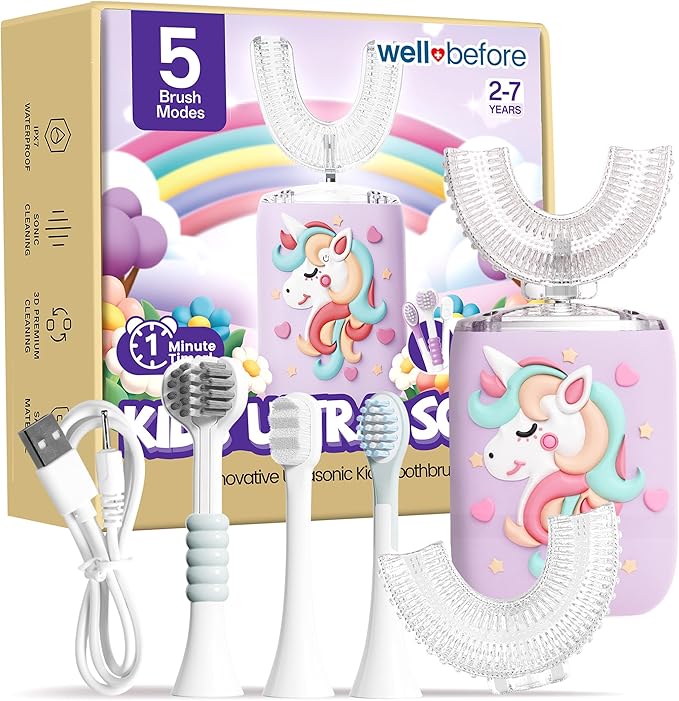 Well Before Ultrasonic Kid's U-Shaped Electric Toothbrush, IPX7 Waterproof, Five Cleaning Modes (Unicorn, Purple Ages 2-7)