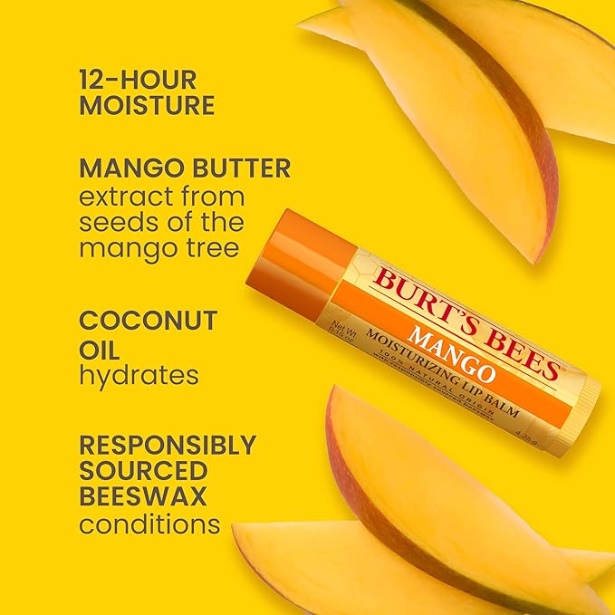 Burt's Bees Lip Balm - Pink Grapefruit, Mango, Coconut & Pear, and Pomegranate Pack, Lip Moisturizer With Beeswax, Tint-Free, Natural Origin Conditioning Treatment, 4 Tubes, 0.15 oz.