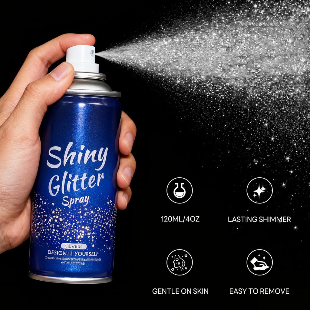 Pure Silver Glitter Spray for Face, Body, Hair and Clothes, Holographic Glitter Hairspray for Festival, Rave, Prom, Concert, Stage Makeup, Quick Dry, Long Lasting Shimmer, Lightweight, 4.05 fl oz