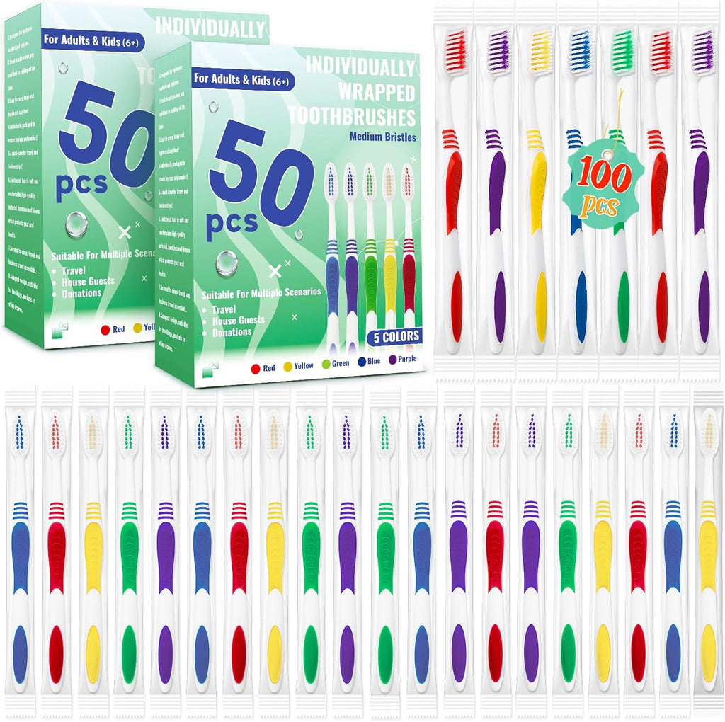 100 Pcs Toothbrush Bulk Disposable, Travel Toothbrushes Pack, Soft Bristle Individually Wrapped and Good Cleaning for Kids, Adult and The Elderly. Suitable for Hotel, Travel, Home, Donated