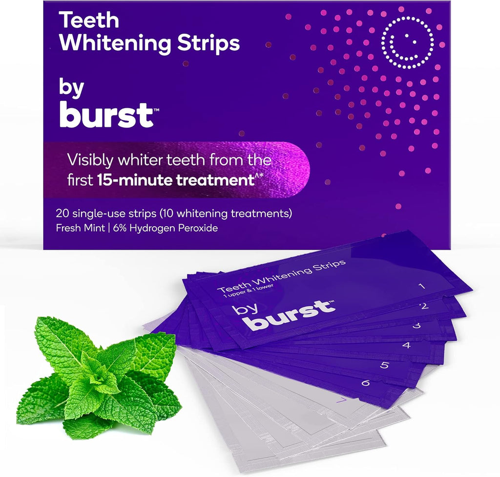 Burst Sensitive Teeth Whitening Strips (Mint) | 20 Strips/10 Treatments – Each with 1 Upper/1 Lower | Visible Results in 15 Minutes | No-Slip Grip | Enamel-Safe Whitening Kit