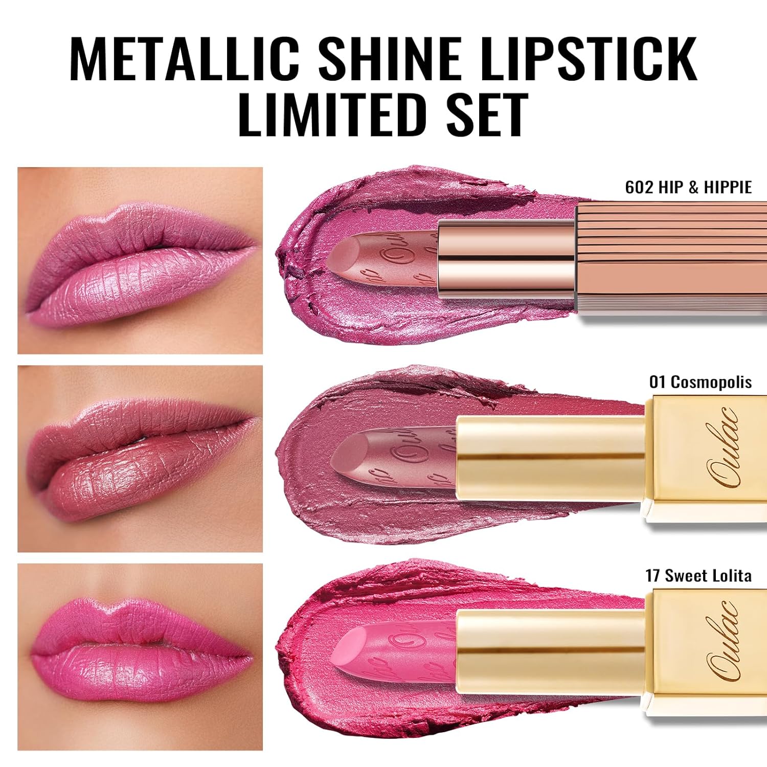 Oulac Metallic Pink Lipstick Set 3PCS, Comfortable Creamy Texture, Smooth No Grainy Feeling, Vegan & Gluten Free, Full-Coverage Lip Makeup, 3 X 4.3 g, 602+01+17