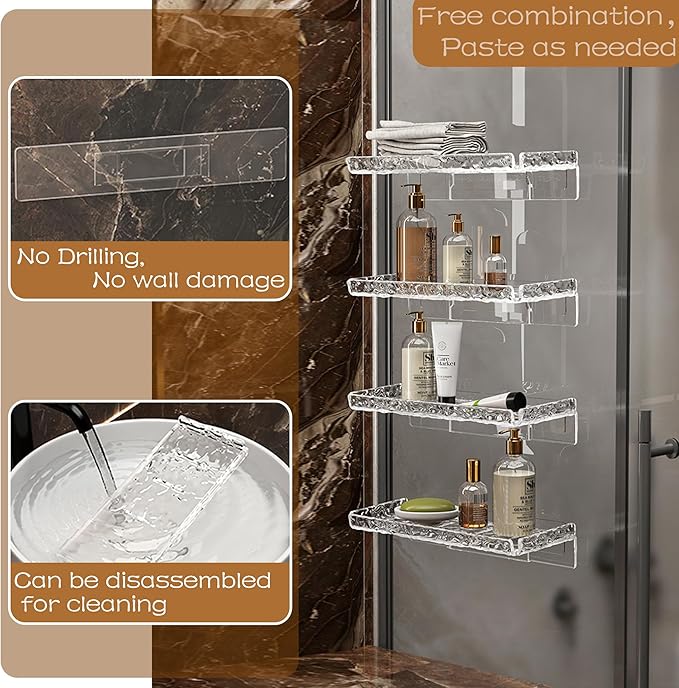 2 Piece Shower Organizer, Wall Floating Shelf, Clear Wall Mounted Organizer for Bathroom Storage and moreAcrylic No Drill Wall Mount Adhesive Shelf