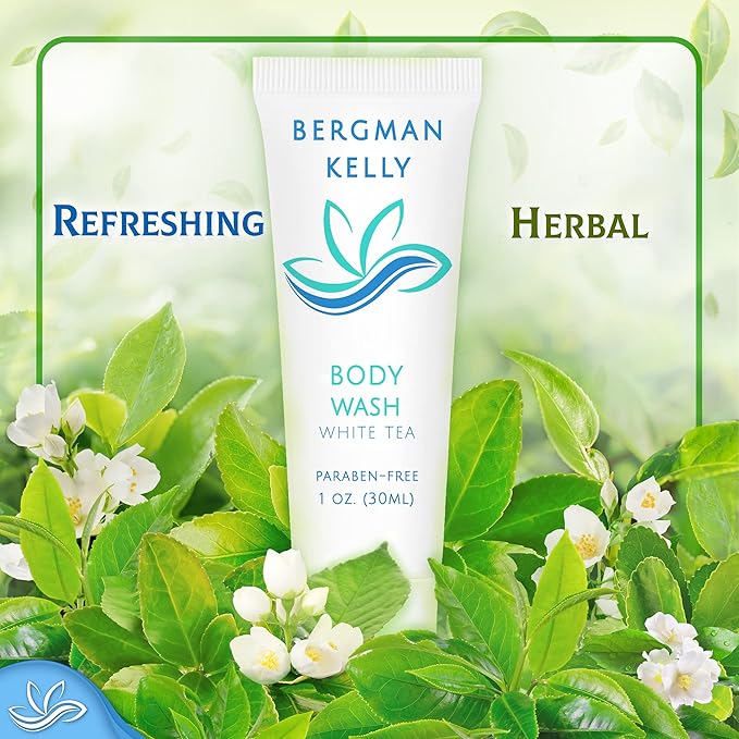 BERGMAN KELLY Travel Size Body Wash (1 fl oz, 200 PK, White Tea), Delight Your Guests with a Revitalizing and Refreshing Hotel Body Wash, Quality Mini and Small Size Guest Hotel Toiletries in Bulk
