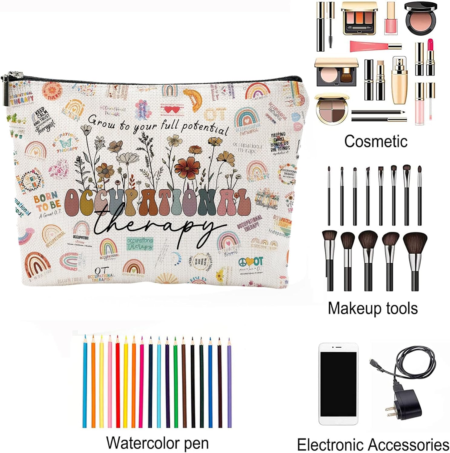 Occupational Therapy Gifts,Therapist Occupational Therapy Makeup Bag Zipper Pouch Travel Toiletry,Therapist Gifts,Ot Gifts,Gifts For Occupational Therapy, white