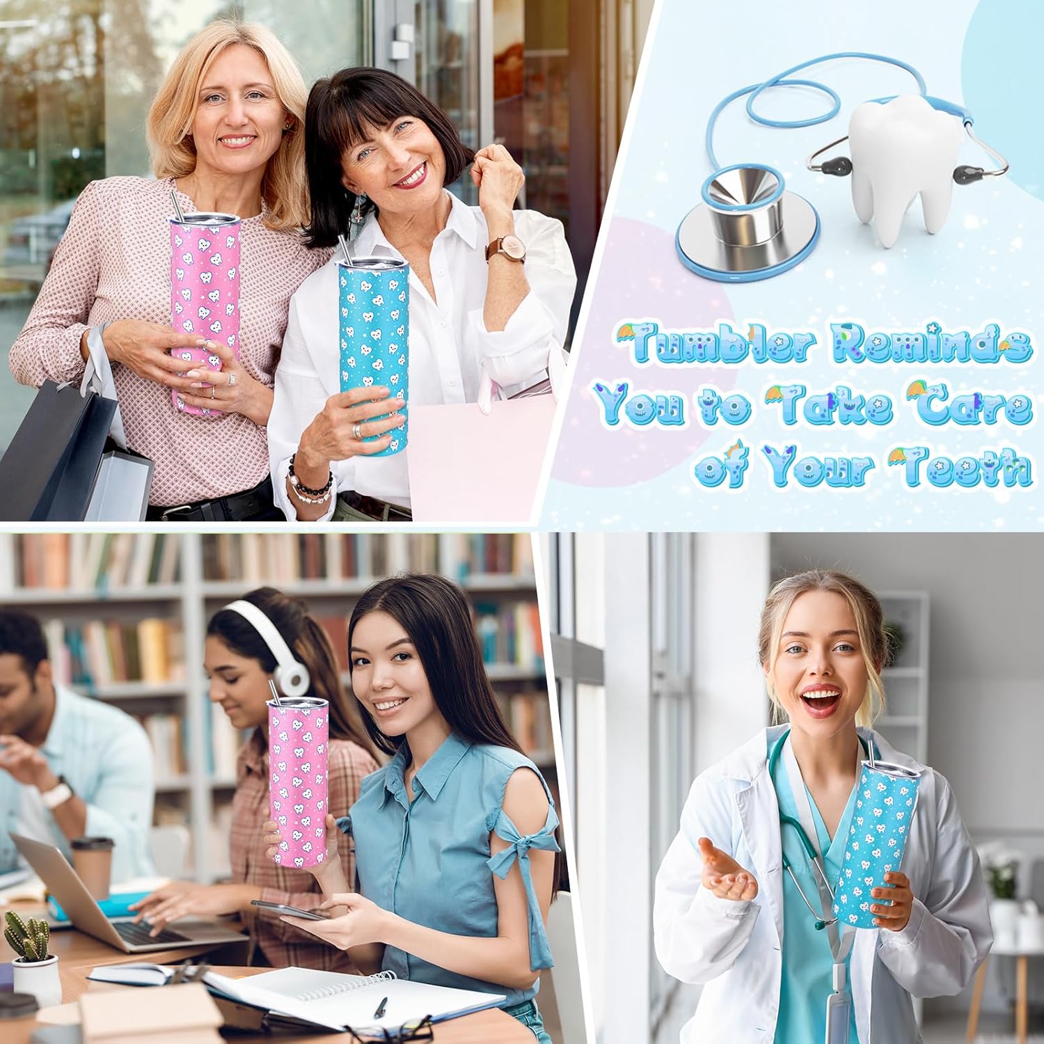 Umigy 2 Pcs Dental Assistant Gifts Teeth Dentist 20 oz Stainless Steel Tumblers Hygiene Student Coffee Mugs with Straws and Lids for Hygienist Dental Students Graduation Birthday Gift