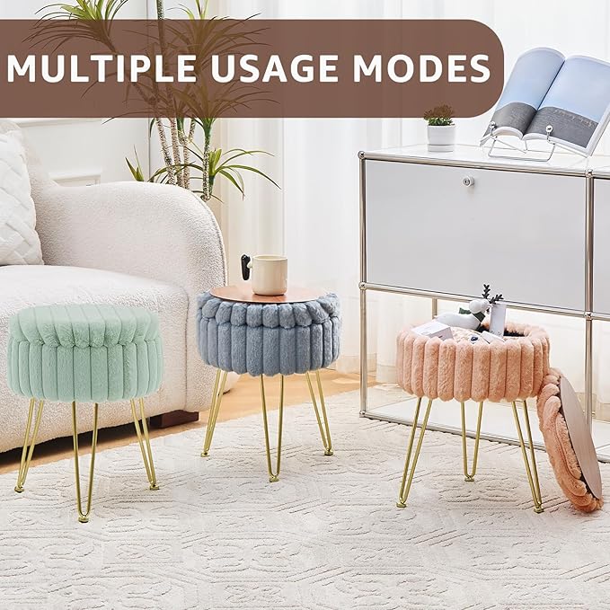 Wimarsbon Vanity Stool with Storage, Faux Fur Ottoman Chair with Metal Legs, Round Makeup Vanity Chair for Bedroom or Dressing Table, Modern Small Ottoman Seat (Green)