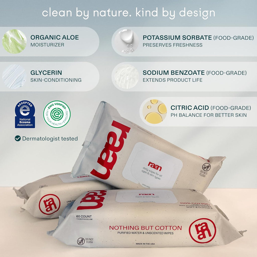 Raan, 100% Cotton Baby & Toddler Wipes, Unbleached, 99% Purified Water, Unscented, EWG verified, Made for Sensitive Skin, Extra Soft and Durable, 12 pack, 720 Count