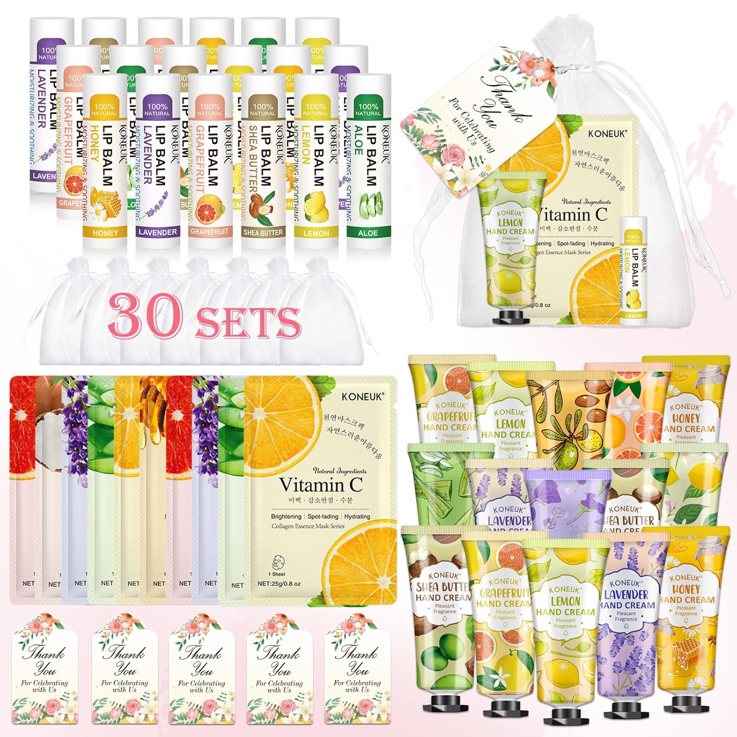 30 Pack Bulk Facial Mask, Bulk Hand Cream and Bulk Lip Balm Sets, Stocking Stuffers for Women, Thank You Gifts, Bridal Shower Favors and Christmas Gifts for Guests, Birthday Gifts, Small Gifts for Her