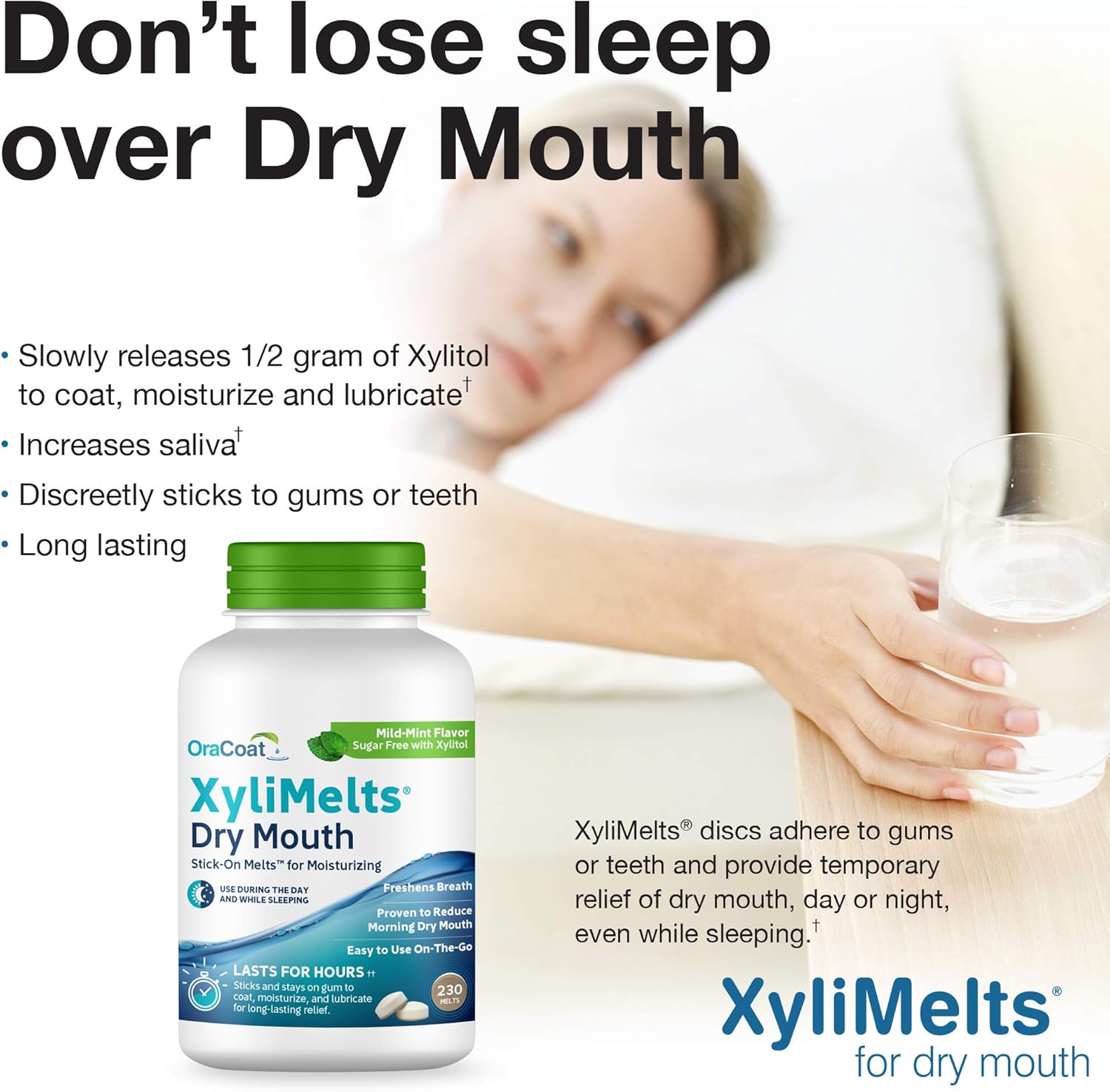 Oracoat XyliMelts for Dry Mouth Night Time or Day - Moisturizing Dry Mouth Adhering Discs, Sugar Free with Xylitol, 230 Count, Mint Flavor, 8-Hour Relief