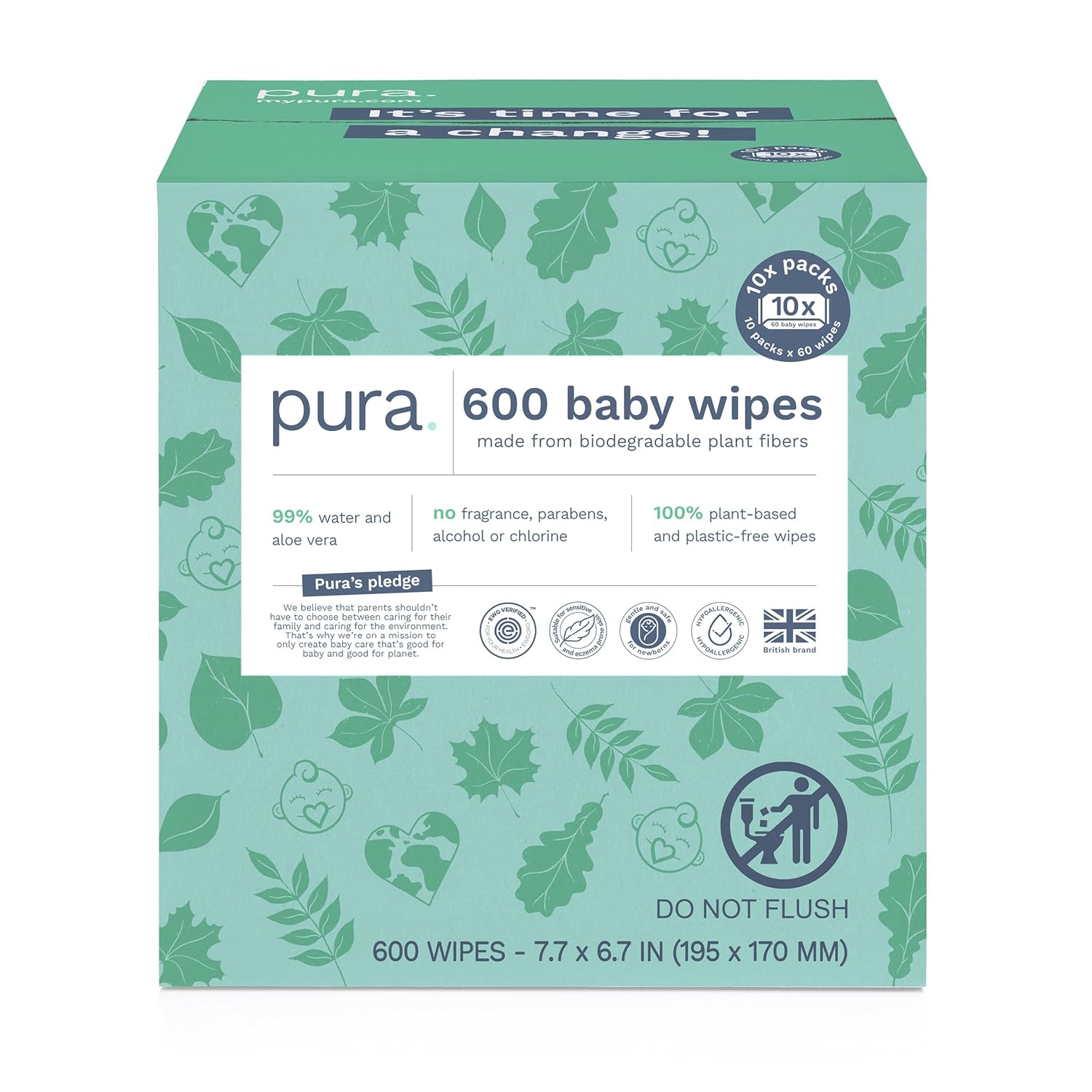 Pura Natural Sensitive Baby Wipes, 99% Water, Unscented & Hypoallergenic, Suitable for Sensitive & Eczema-prone Skin, Hypoallergenic, EWG Verified, 10 Pack of 60 Wet Wipes (600 Diaper Wipes) Bulk Buy