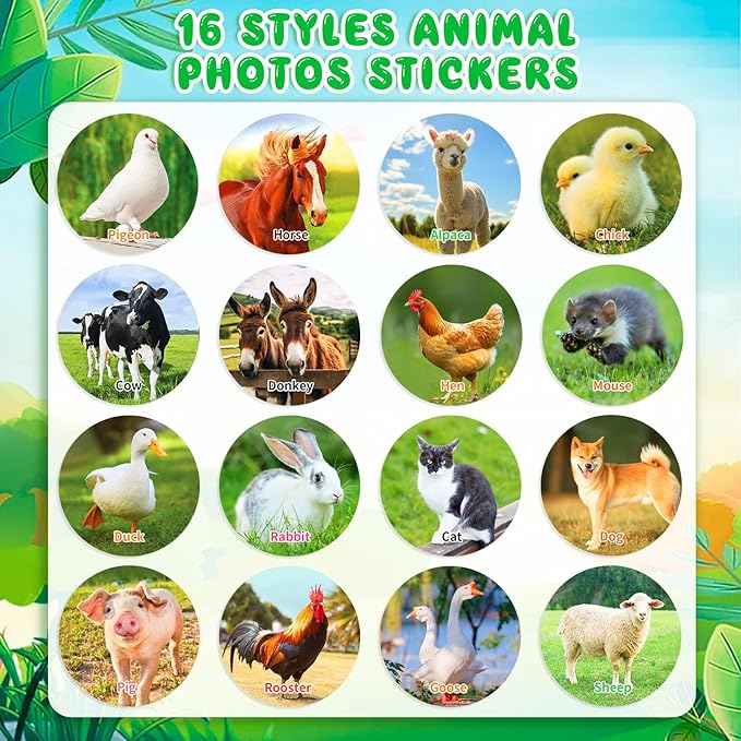 1200 Pcs Farm Animal Stickers for Kids 2 Roll Nature Stickers Cute Roll Sticker for Teacher Reward School Supplies Incentives (16 Styles)
