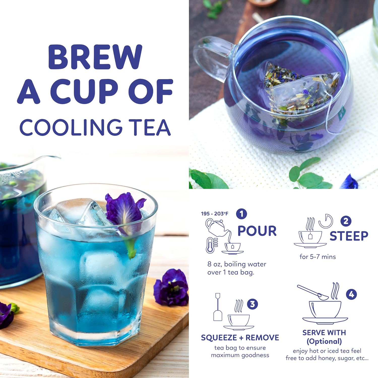 Indochine Blends Cooling Tea | Oolong, Artichoke, Butterfly Pea & Peppermint | Sugar-Free, Caffeine-Free Herbal Tea | Vibrant Blue | Herbal Tea for Relaxation | 4.4 oz | 50 Corn-Fiber Pyramid Bags