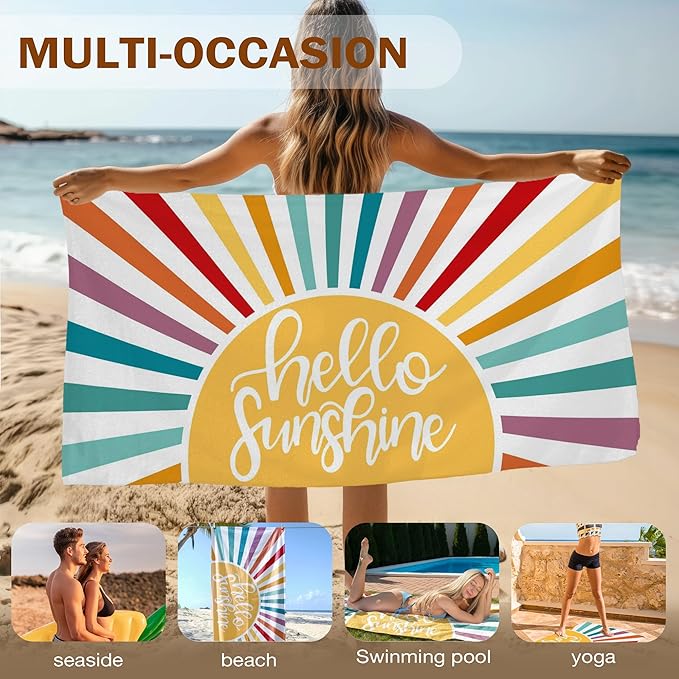 Colorful Boho Sunshine Kids Beach Towel, Boho Sun Sunrise Pool Towels, Hello My Sunshine Large Beach Bath Travel Towels for Women Girls, Sunrise Sun Bathroom Nursery Accessories Decor,30x60in