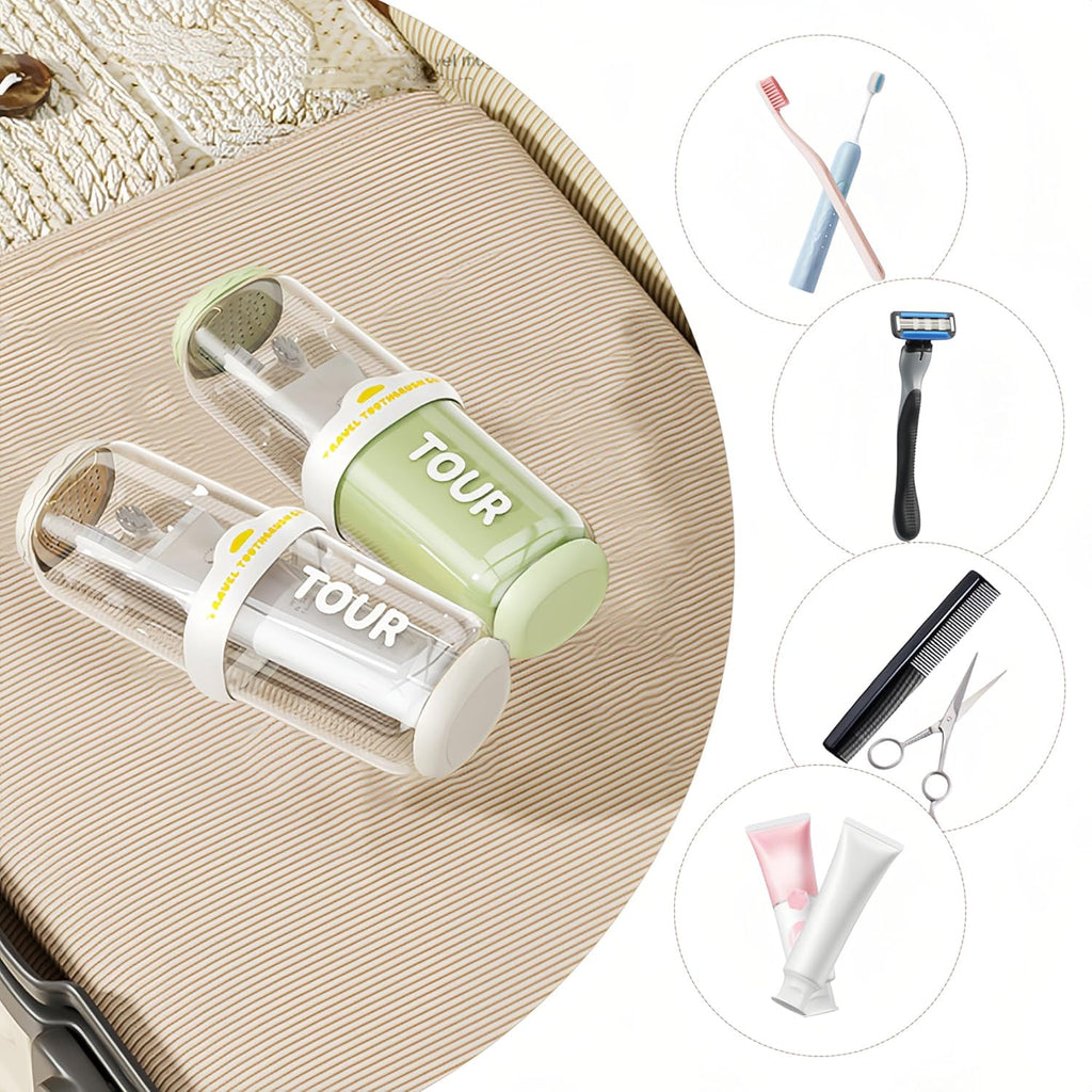 Toothbrush Travel Case, 2 pack Portable Tooth Brush and Toothpaste Holder Rinse Cup Cover Container Compact Oral Clean Tools Organizer for Camping Traveling Home School Business(White + Green)