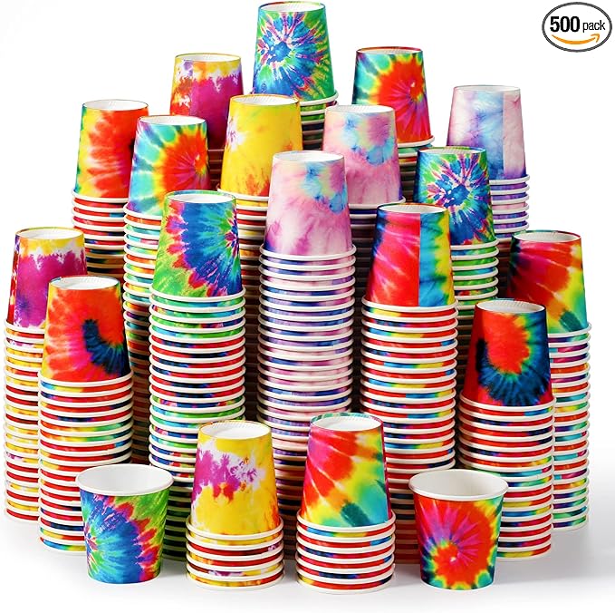 Tiamon 500 Pack 2 oz Paper Cups, Mini Mouthwash Disposable Bathroom Small Paper Drinking Espresso Cups for Home Office Travel Picnic Party Supplies(Tie Dye)