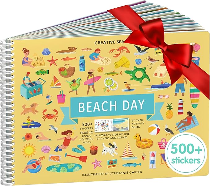 CUPKIN Sticker Book for Kids 2-4, 500+ Kids Stickers, Beach Day 12 Coloring Pages 12 Side by Side Scenes, Fun Toddler Travel Activity Coloring and Sticker Books for Children Ages 4-8 + 8-10