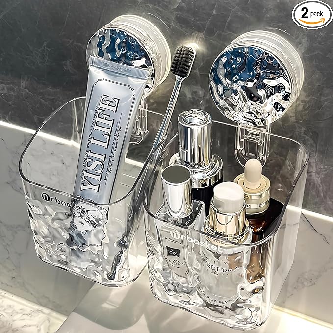 2 Pack Suction Cup Shower Caddy, Wall Mounted Suction Electric Toothbrush Holder for Bathroom, Clear Shower Rack with 2 Movable Hooks, Toothpaste and Razors Shower Organizer