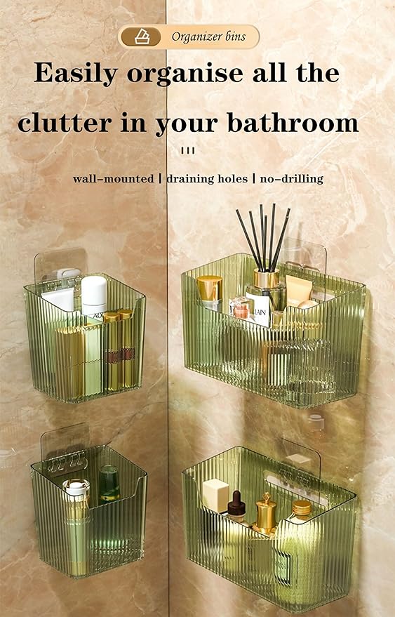 Set Of 2 Storage Organizer Bins Wall Mounted Shower Basket, Shower Caddy Stackable Clear Plastic Makeup Organizer Adhesive Hanging Bin for Bathroom, Kitchen, Cabinet, Pantry, BPA Free, Clear