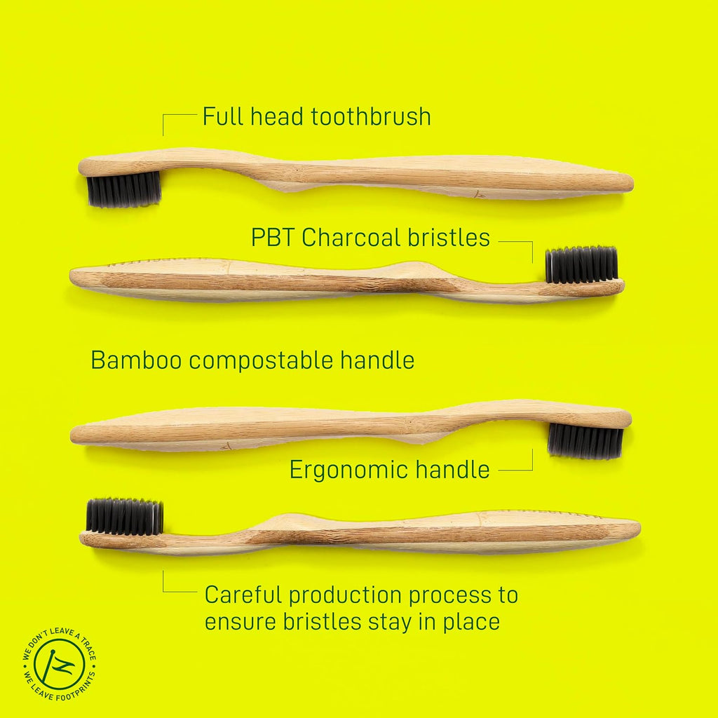 Eco-Friendly Bamboo Toothbrush Set of 4 - Medium Bristle Toothbrush with Ergonomic Handles & Charcoal Bristles – Low Waste & Biodegradable Personal Care Essentials