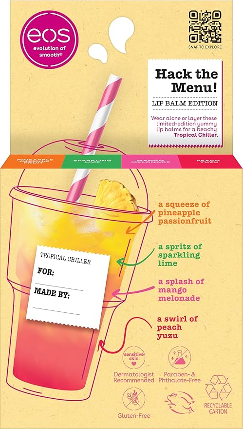 eos Flavor Lab Secret Menu Lip Balm Gift Set - Tropical Chiller, Limited-Edition, Moisturizing, Hydrating, Dry Lips, Variety Pack, 0.14 oz, 4-Pack