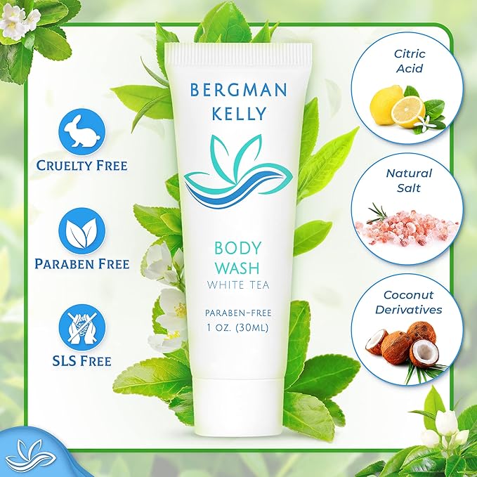 BERGMAN KELLY Travel Size Body Wash (1 fl oz, 200 PK, White Tea), Delight Your Guests with a Revitalizing and Refreshing Hotel Body Wash, Quality Mini and Small Size Guest Hotel Toiletries in Bulk