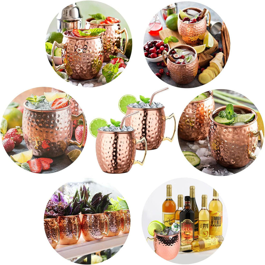 LIVEHITOP Moscow Mule Copper Mugs Set of 2, 19.5 Oz Handcrafted Copper Cups Stainless Steel Lining with Jigger, Straws, Brush, Coasters for Party, Bar, Gift