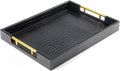 17" x 12" Wood Serving Tray with Gold Polished Metal Handles, Home Decorative Wooden Rectangle Ottoman Leather Decor Platter Bathroom Vanity Tray for All Occasions Alligator Black