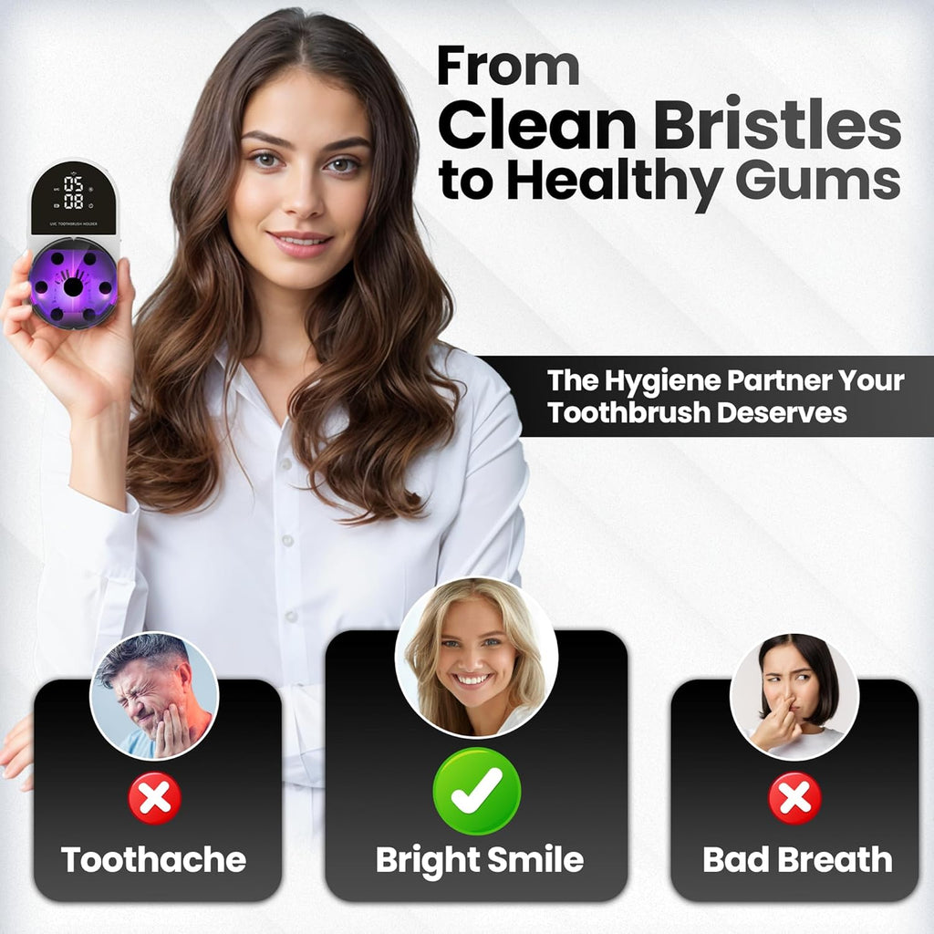 UV Toothbrush Sanitizer Holder & Cleaner with Led Clock Display, Hands-Free Wave Sensing & Dual Toothbrush Storage - Wall Mounted UV Tooth Brush Sanitizer Holder for Bathroom Decor, Fits All Brushes