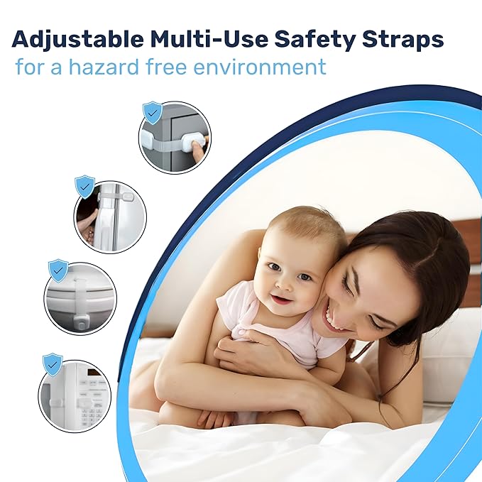 3M Adhesive Child Safety Strap Locks by Baby Proof Me, Baby Latches for Cabinets, Dishwashers, Fridges, Ovens and Trash Cans, Stain Free Toilet Lock (12 Safety Latches)