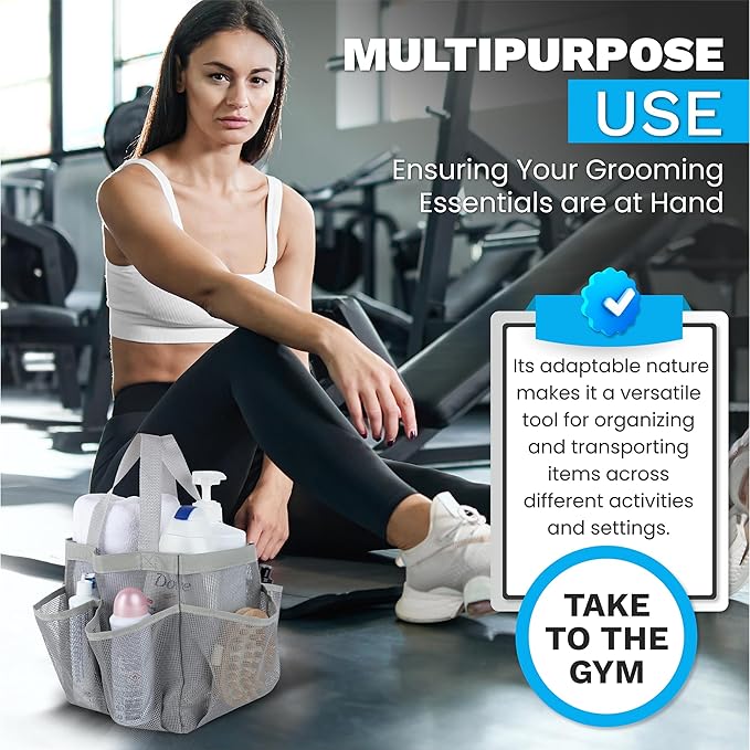 Handy Laundry Masirs Mesh Shower Caddy - 7 Pocket Portable Bathroom Organizer Tote for Travel, Gym & Dorm - Collapsible Small Shower Caddy Bag to Hold Toiletries & Essentials (Gray)