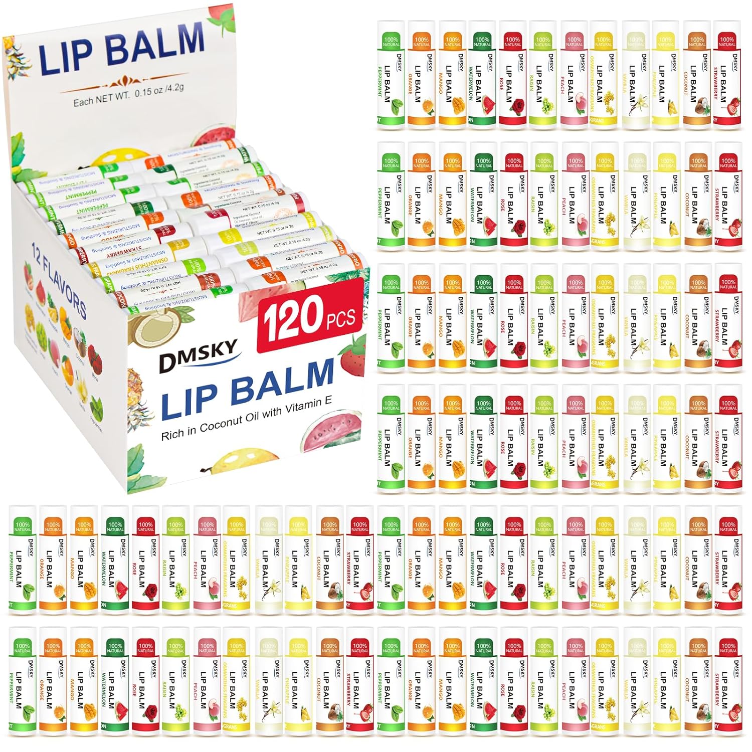 DMSKY 120 Pack Lip Balm, Natural Lip Balm Bulk with Vitamin E and Coconut Oil, Moisturizing Lip Balms for Chapped Lips-12 Flavors