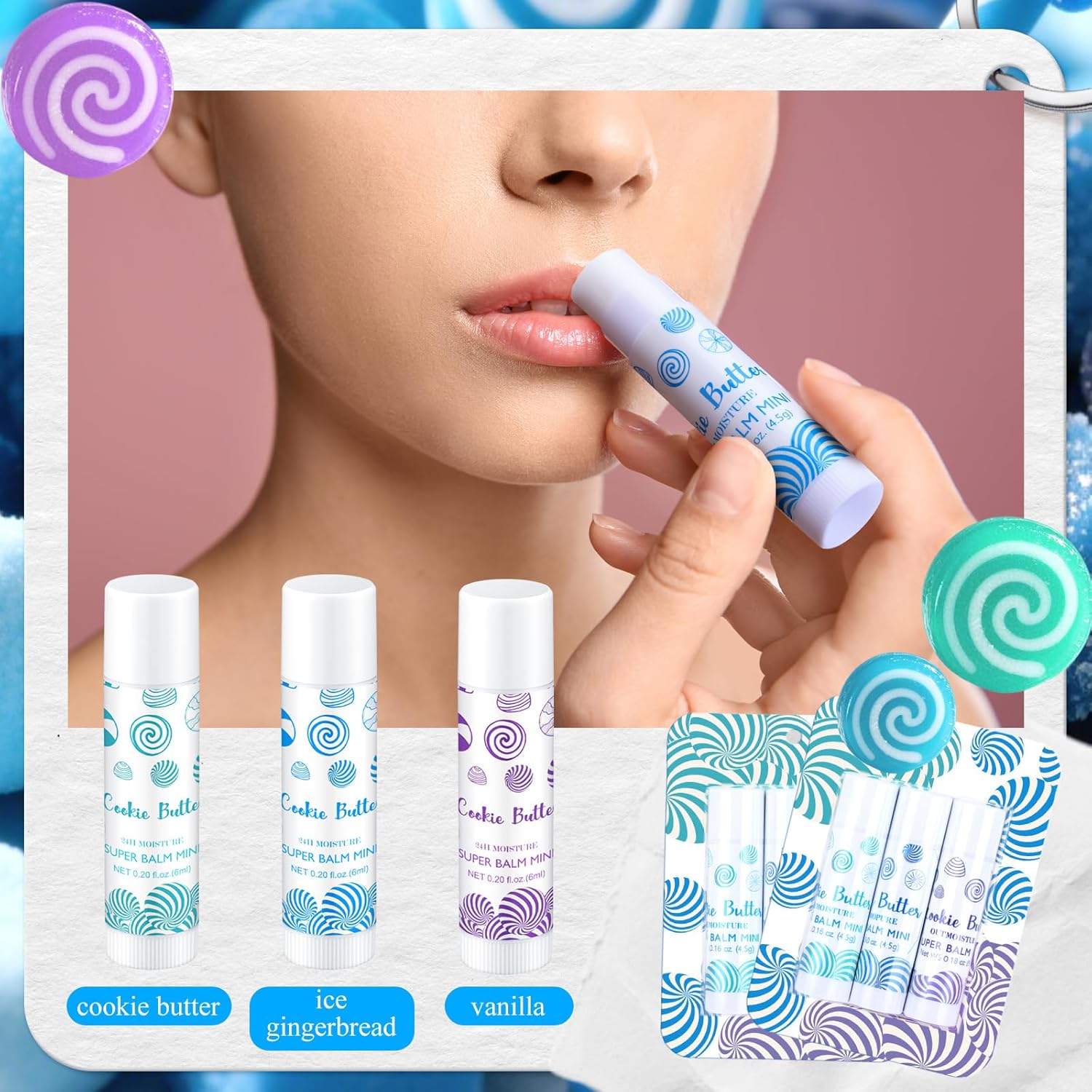 Leelosp 36 Pcs Christmas Lip Balm Candy Shapes Lipstick Set Lip Care Sugar Moisturizing Balms Natural Organic for Christmas Gifts Stocking Stuffers for Coworker Employee Winter Holiday Party Favors