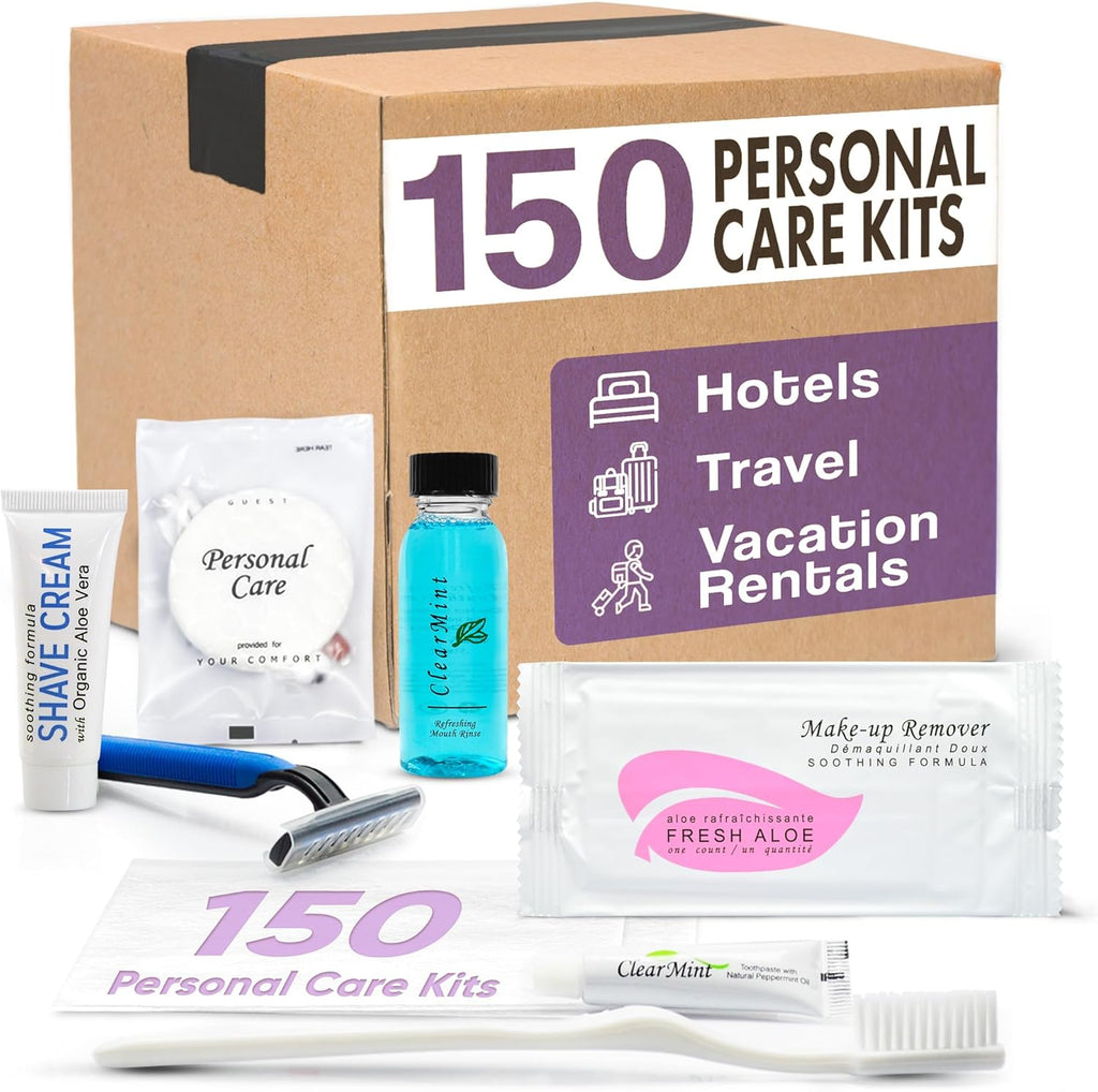 Personal Care Travel Toiletries | 1-Shoppe Amenities Kit | Travel Shaving Set, Toothbrush & Paste, Mouthwash, Makeup Wipes, Swabs, Nail File & Sewing Kit | 150 Pieces