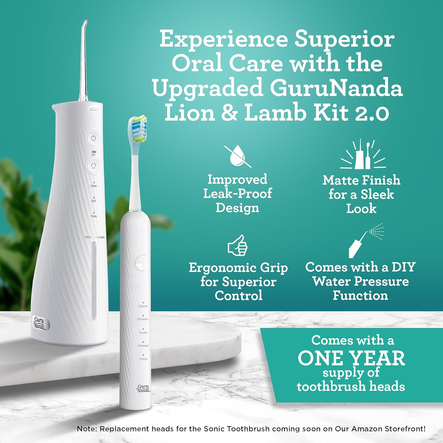 GuruNanda Lion & Lamb Kit 2.0, Electric Toothbrush with Water Flosser Combo, 4 Jet Tips, 4 Brush Heads, & IPX7 Waterproof Design for Complete Oral Care, White