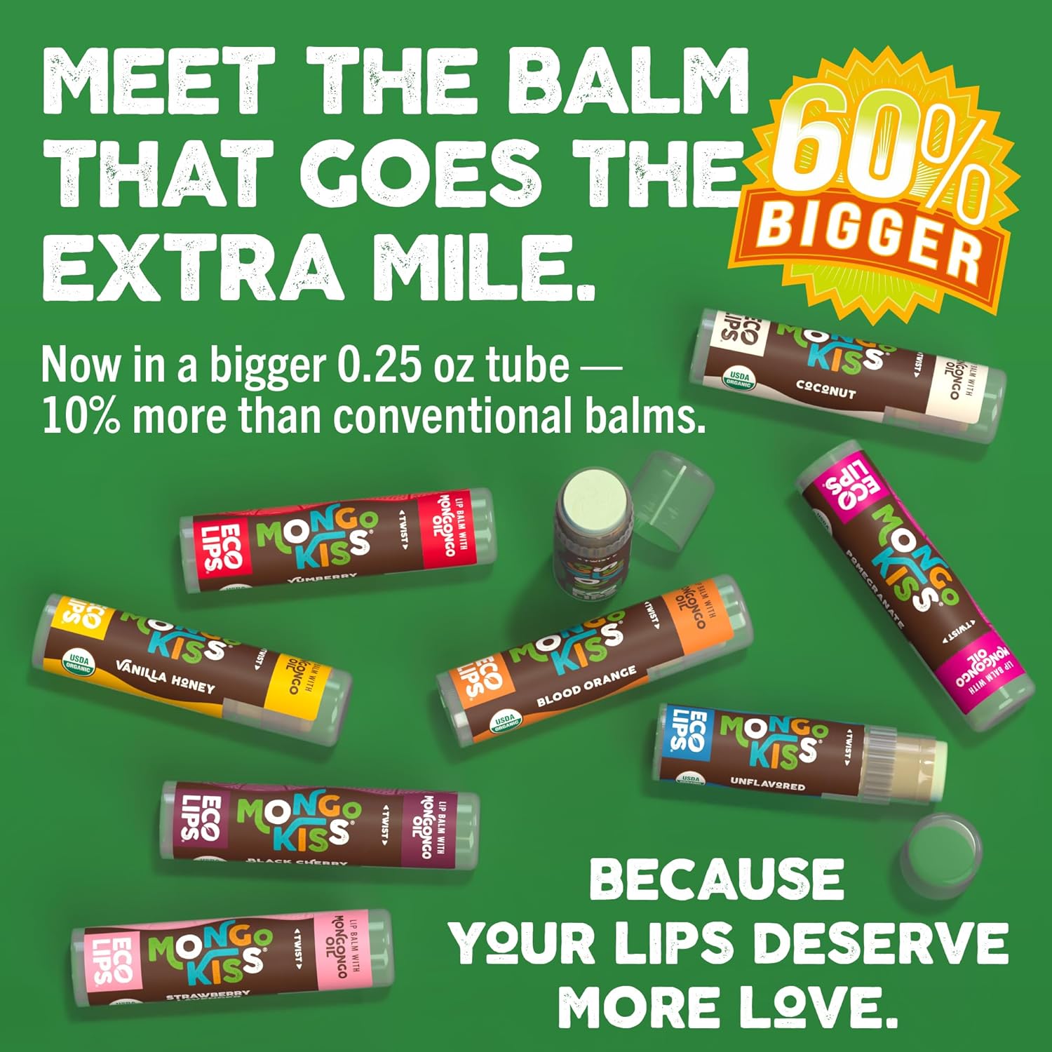 Eco Lips Mongo Kiss Organic Lip Balm 4 Pack Peppermint, Pomegranate, Vanilla Honey, Black Cherry - 100 Percent USDA Organic - Soothe, Moisturize Dry, Cracked and Chapped Lips - Made in USA