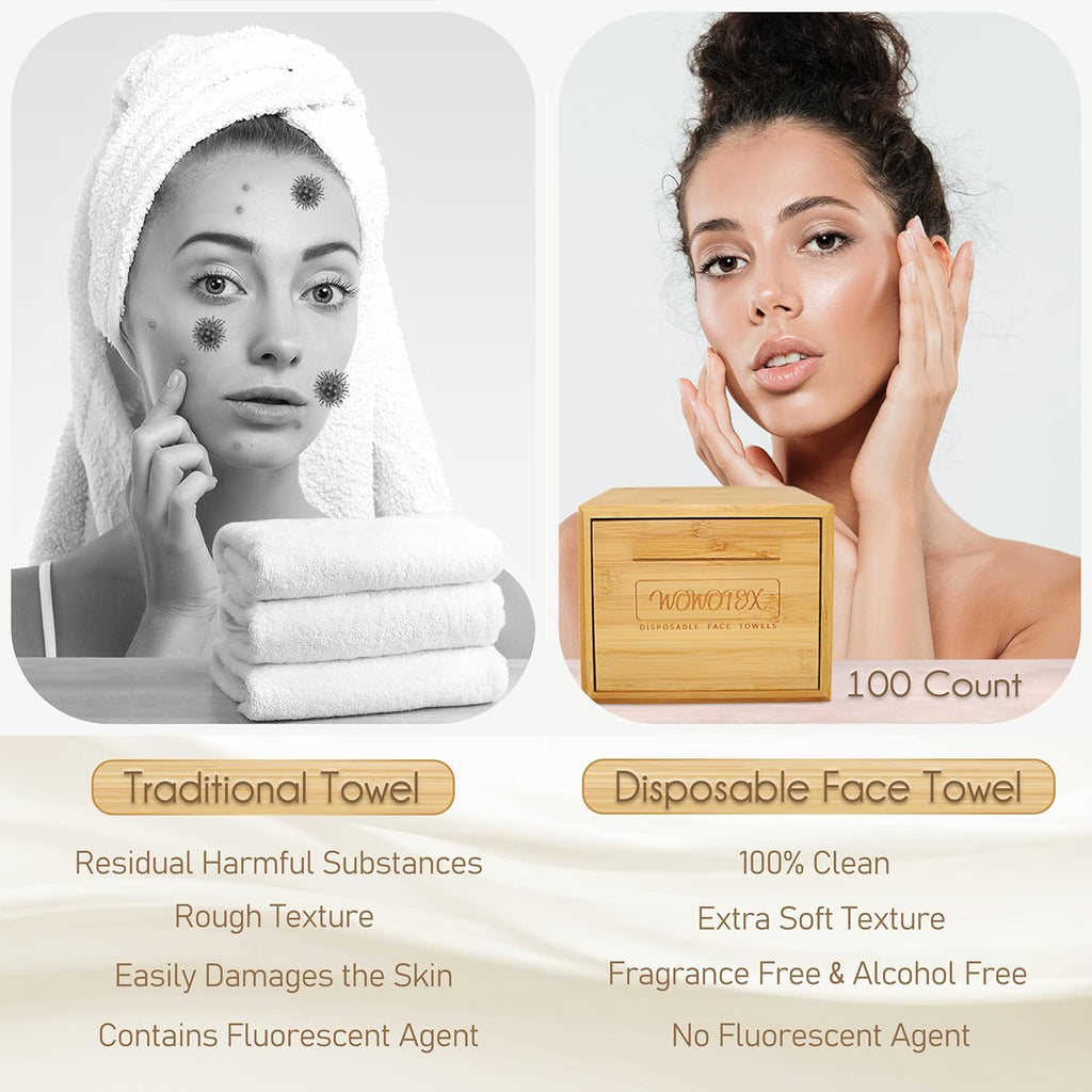 Luxe Bamboo Towel Container (Bamboo Box Towel Holder) with Disposable Face Towels Biodegradable Large Dry Wipes 100 Count Extra Thick Soft Clean Facial Towels for Facial Cleansing