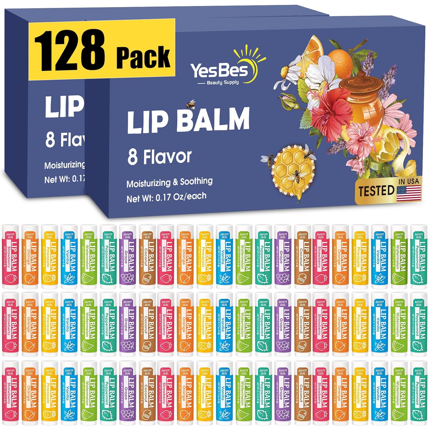 128 Pack Lip Balm, Natural Lip Balm Bulk with Vitamin E and Coconut Oil, Moisturizing Lip Balms for Dry Cracked Lips, Lip Balms for Stocking Stuffers - 8 Flavors