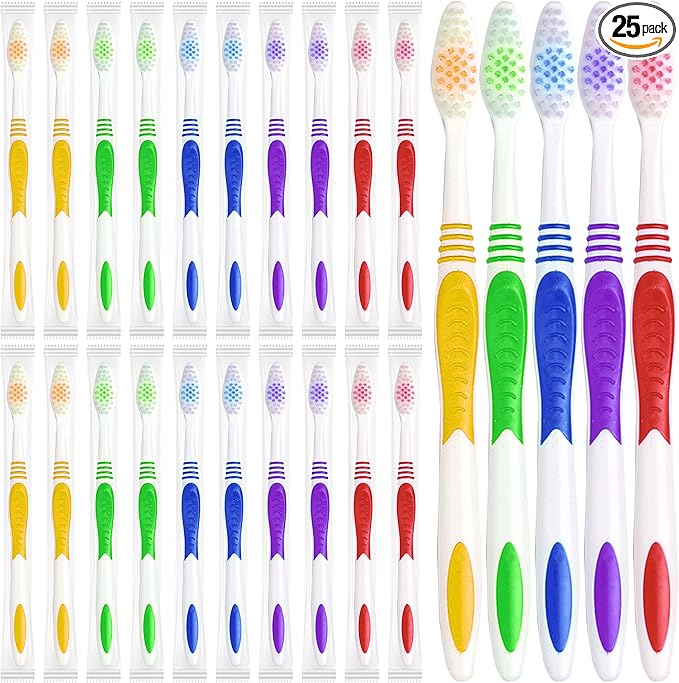 Bulk Toothbrushes 25 Pack | Individually Wrapped Travel Toothbrush Set for Adults & Kids | Made with a Medium-Soft Large Brush Head | BPA-Free & Disposable!