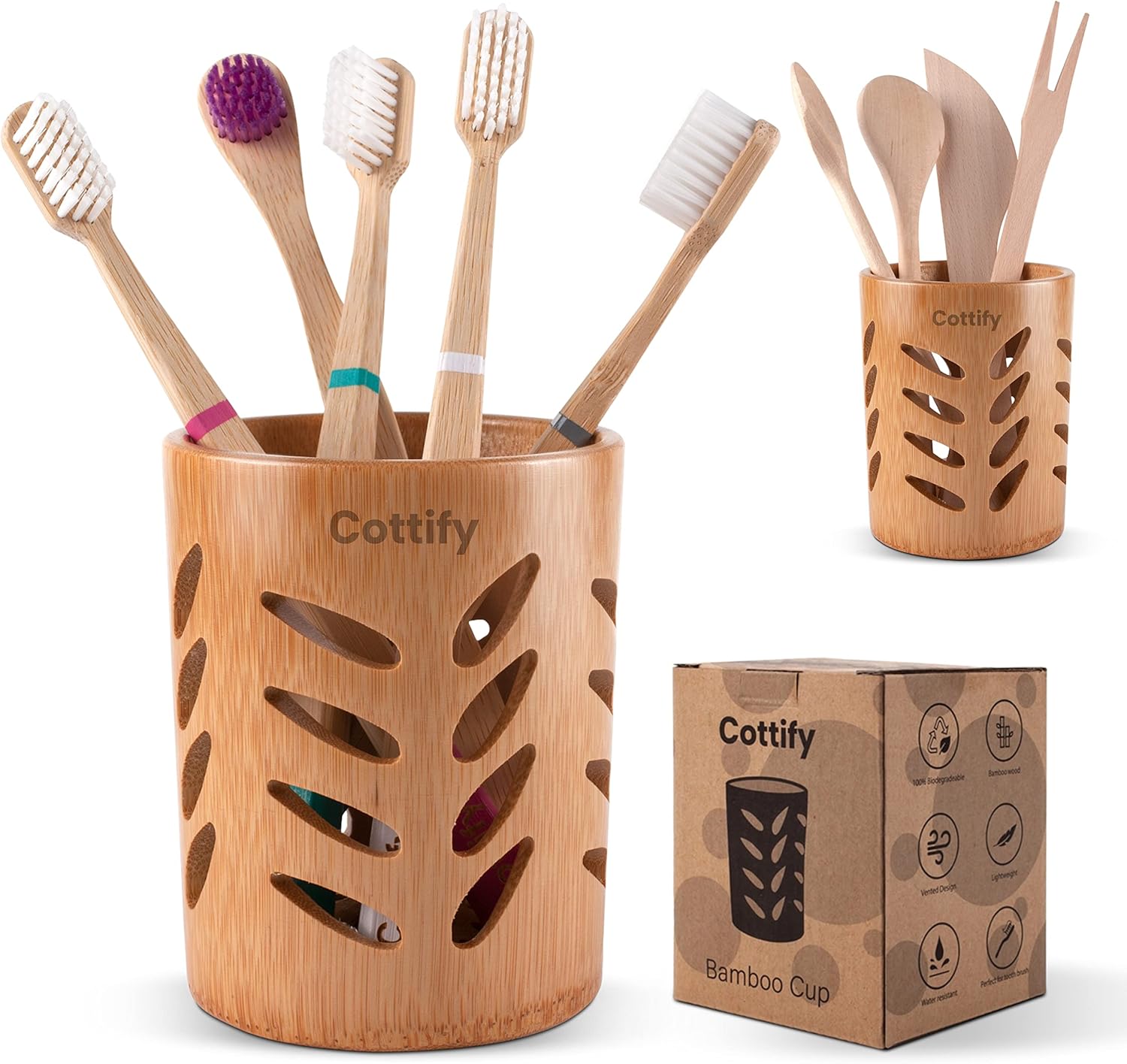 2-Pack of Eco-Friendly Bamboo Toothbrush Holders - Sustainable, Single Piece Wood Design with Drainage - Toothbrush Holders for Bathrooms - Functional, Well-Vented Bamboo Toothbrush Holder Set of 2