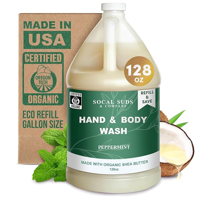 SoCal Suds & Company 128oz Certified Organic Hand & Body Wash w/Shea Butter- Gentle Natural Body,Baby & Face Wash for Sensitive Skin, Moisturizing Thick Castile Soap, Hand Soap and More - Peppermint