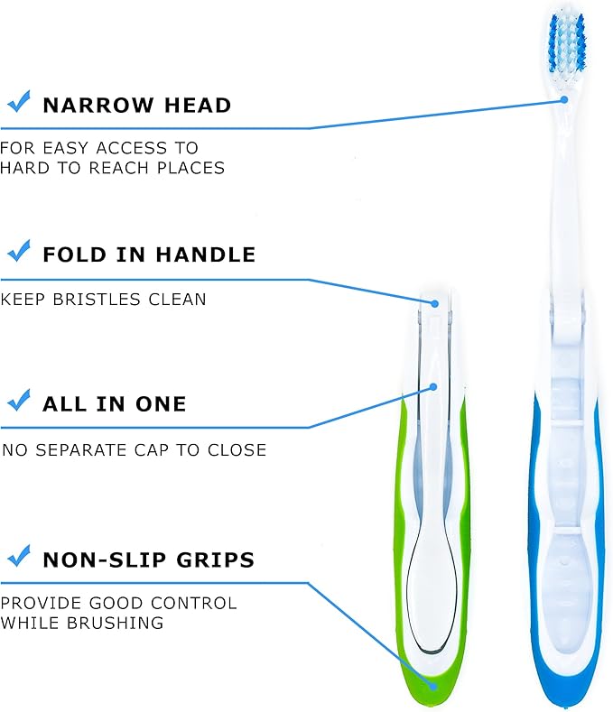 Lingito Travel Toothbrush, On The Go Folding Feature, Medium Bristle Brushes (3 Pack Medium-Multicolor)