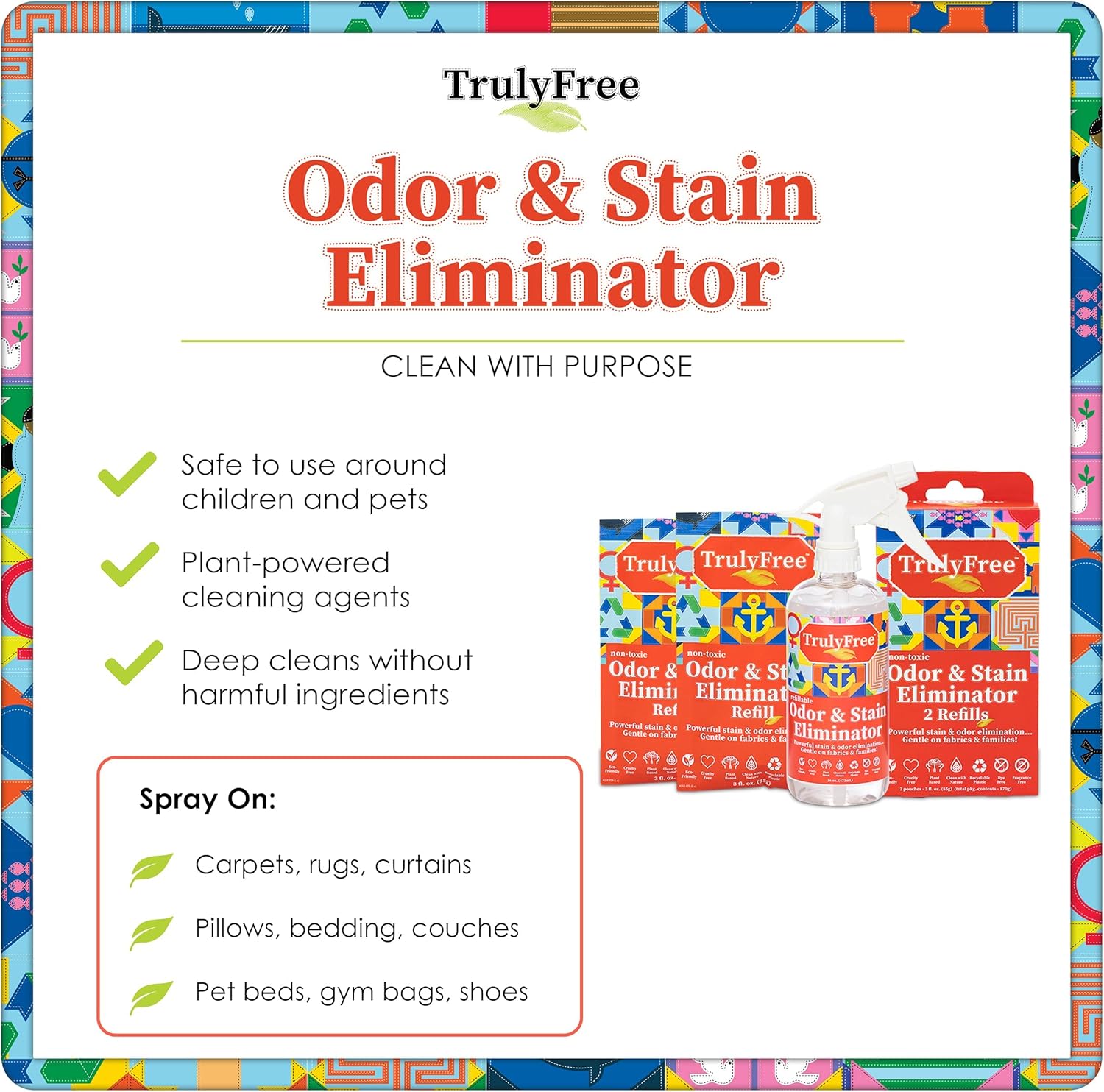 Truly Free Multi-Purpose Odor & Stain Eliminator, Pet Odor Eliminator for Home & Stain Remover for Carpet, Couch, Rugs & More, Upholstery Deodorizer, Includes 1 Empty Bottle Spray & 2 Refill (3 oz ea)