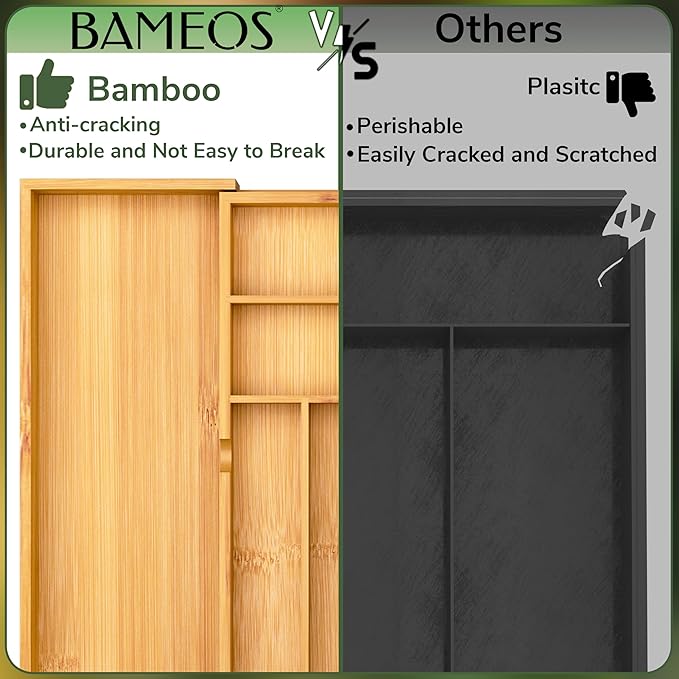 BAMEOS drawer organizer flatware organizer cutlery tray silverware organizer expandable adjustable bamboo drawer organizer kitchen bathroom