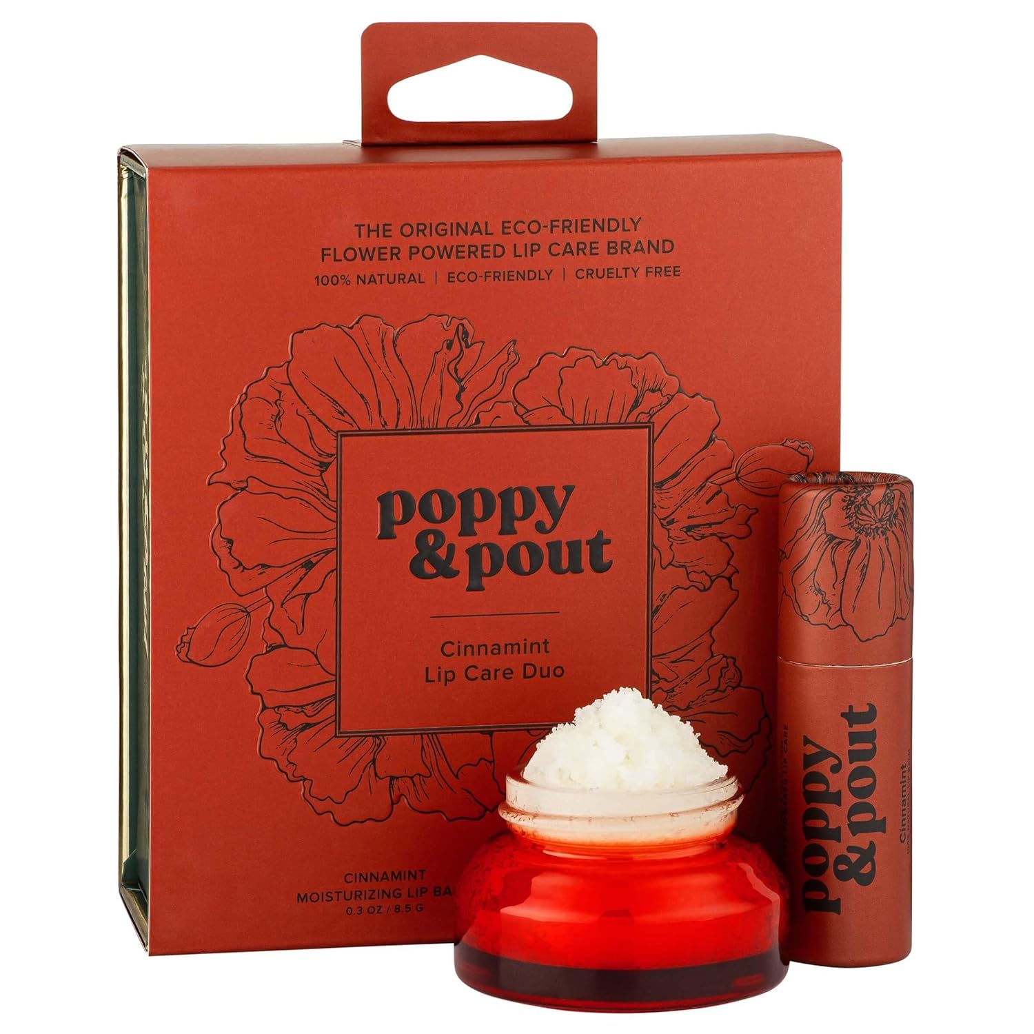 Poppy & Pout Lip Care Set | Lip Balm & Scrub | Sustainable Cardboard Tubes & Glass Jars, All Natural, Beeswax, Coconut Oil, Cruelty Free, Exfoliating & Moisturizing Lip Treatment (Cinnamint)