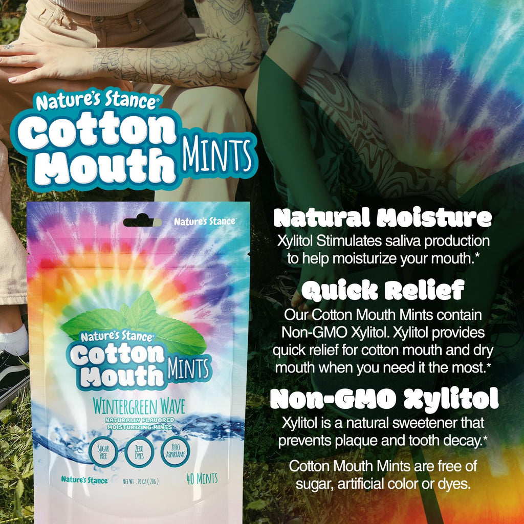 Nature's Stance Xylitol Mints for Cotton Mouth Relief, Dry Mouth Lozenges Sugar Free, Mouth Watering Mints - Stimulates Saliva & Freshens Breath, 40 Count (Wintergreen Wave)