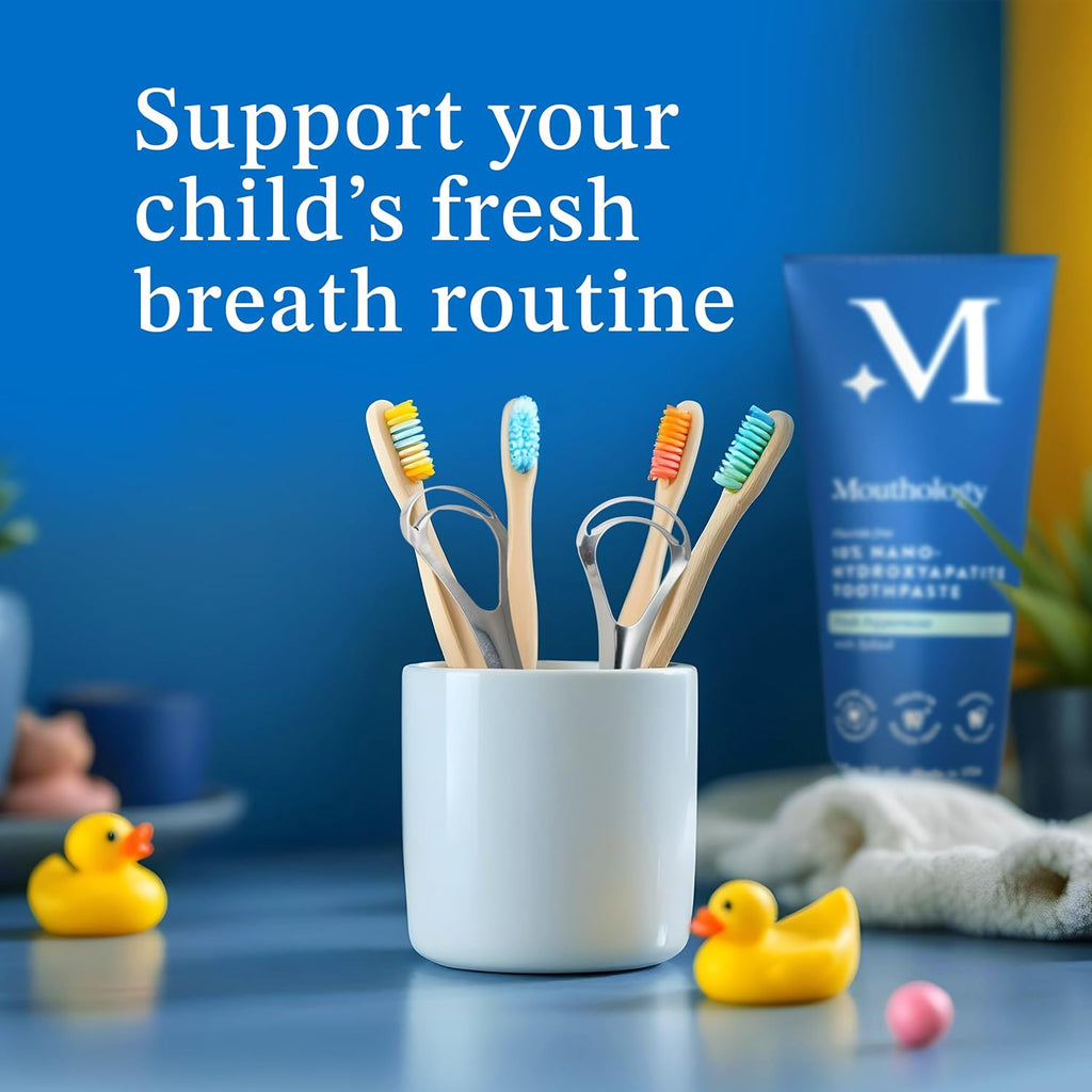 Mouthology Tongue Scraper for Kids (2 Pack), Stainless Steel Tongue Cleaner (Reduce Bad Breath), Metal Tongue Scrubber for Children, Improve Oral Health