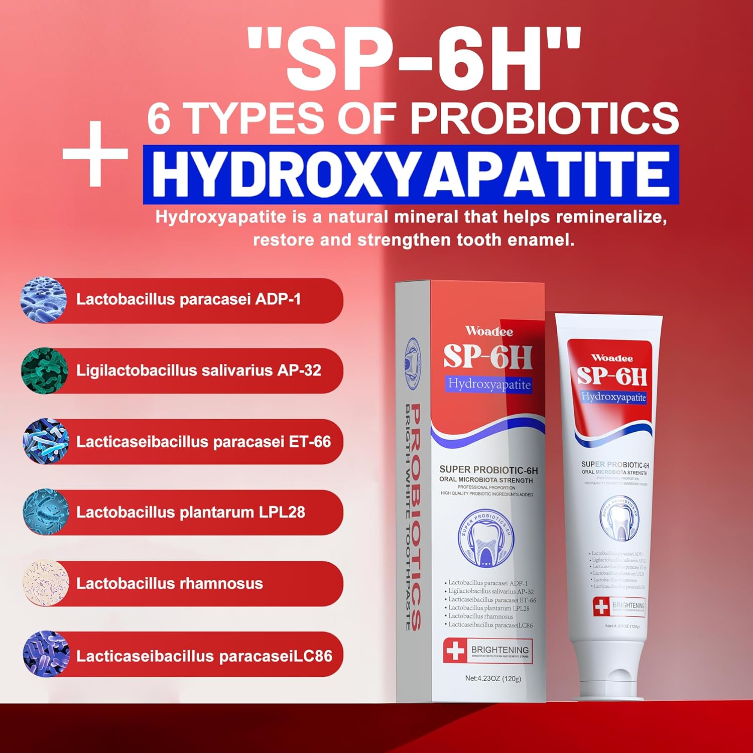 Woadee SP-6 Hydroxyapatite Toothpaste, SP-6 Probiotic Whitening Toothpaste,6 Probiotics+Hydroxyapatite Formula for Teeth Whitening, Strengthening and Enamel Protection，Mint Flavor, Fresh Breath (3)