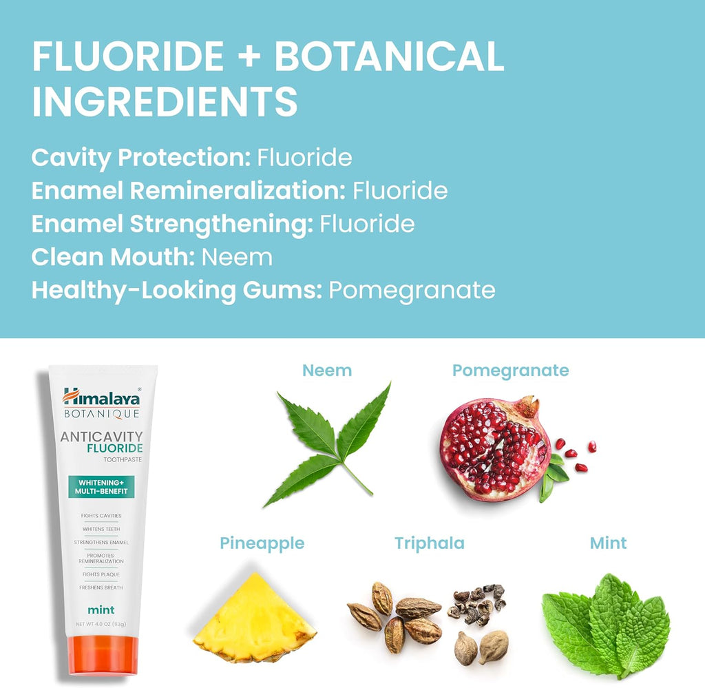 Himalaya Botanique Anticavity Fluoride Toothpaste, Fluoride with Multi-Benefit Support, Fights Cavities, Strengthens Enamel, Promotes Remineralization, Mint Flavor, 4 oz.